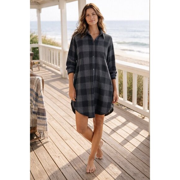 Faherty Dresses & Skirts - Faherty Womens Legend Sweater Shirt Dress Sz Large Gray Black Buffalo Plaid